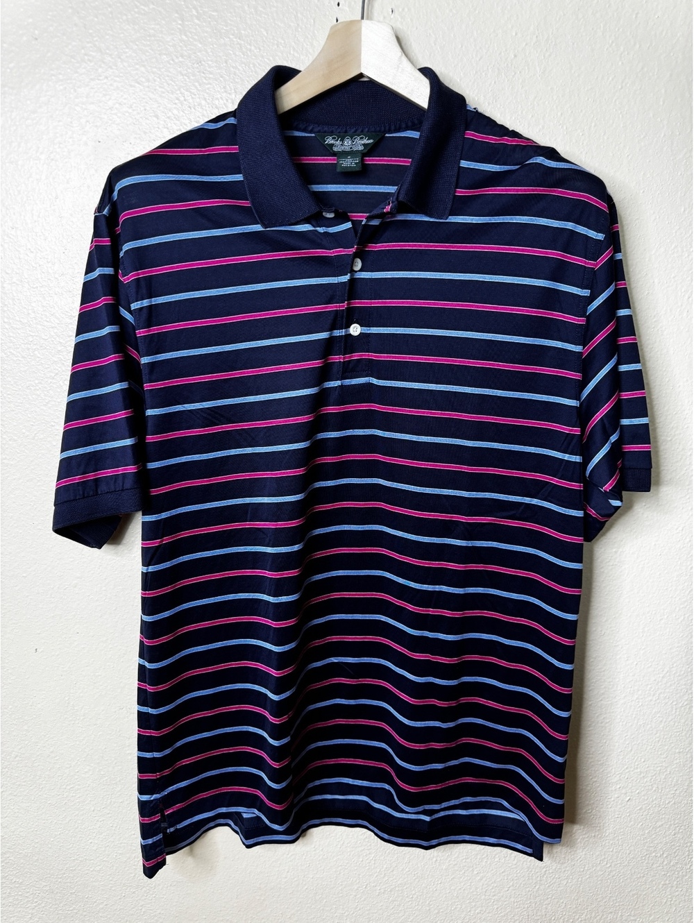 Brooks Brothers Country Club Men’s Navy Pink Blue Striped Cotton Polo Shirt M